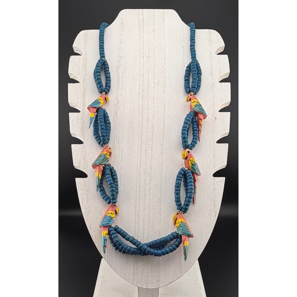 Parrot Bird Wood Bead Necklace‎ Blue Tropical Hand Painted Boho Statement